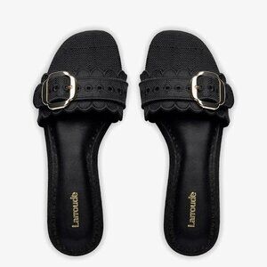 Larroude Ivy Broderie Flat Mule In Black Raffia